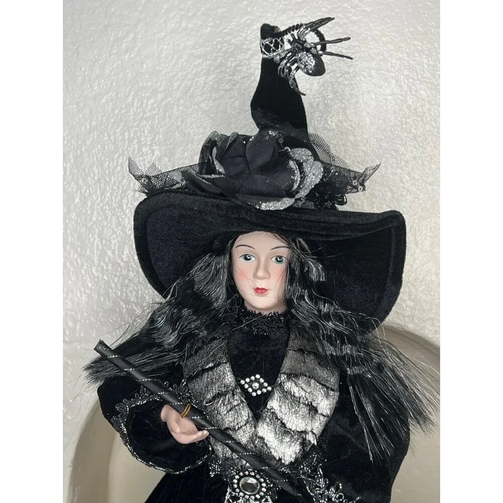 Porcelain Witch Doll Black Silver Velvet Dress Broomstick Halloween Collectible